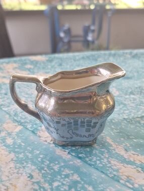 Gold-Tone Ceramic Creamer Pitcher with Blue Pattern